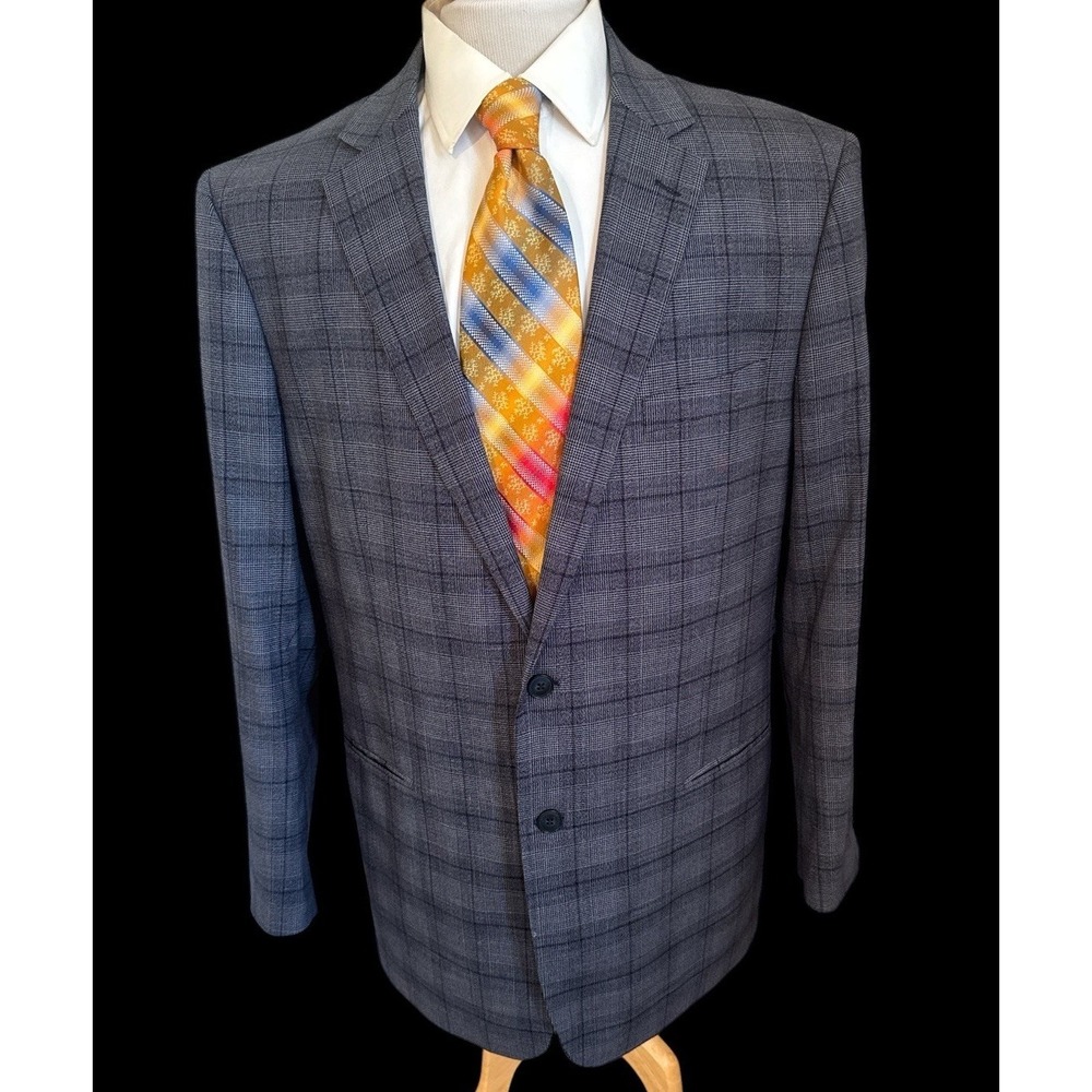 Renoir Mens Blue Plaid 2 Button Suit Jacket Blazer Jacket Notch Lapel Sz 48L